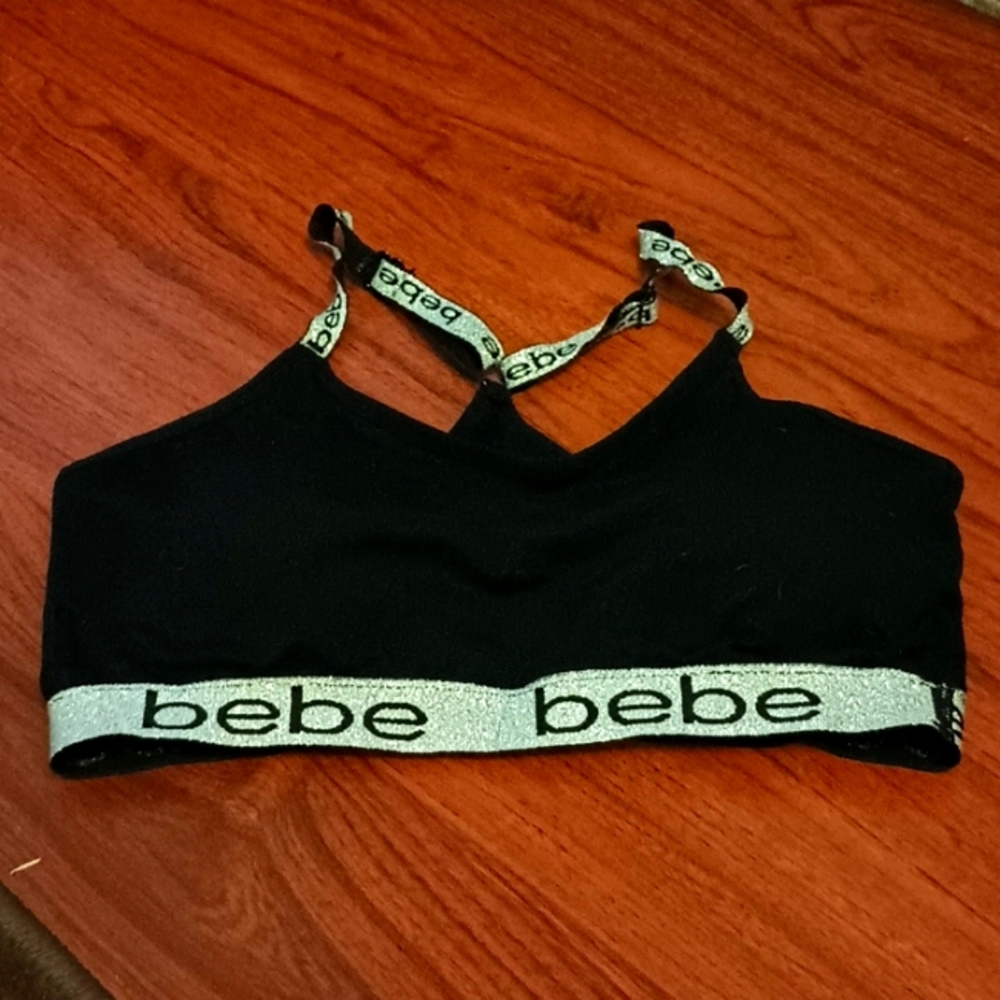 bebe black sports bra size 2xl black with silver glitter highlights.